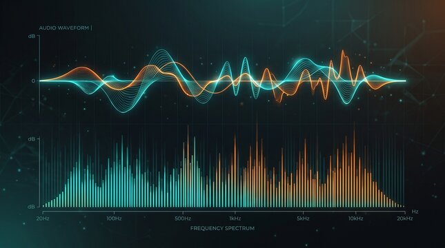 Glowing audio waveform and digital frequency spectrum graph visualization for music production and sound engineering