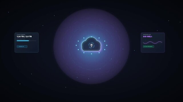 Futuristic cloud computing data upload animation with digital dashboard showing storage capacity and high speed transfer metrics on a dark purple background for hosting and backup concepts.