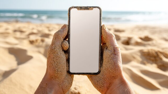 Sandy hands hold blank phone on beach