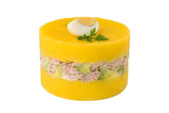 Peruvian causa rellena, neat freestanding cylinder with vivid yellow Isolated on White Background
