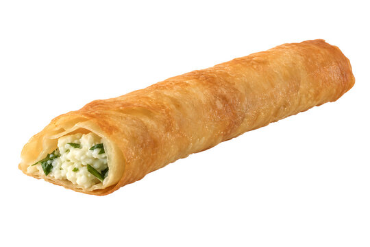 Turkish sigara boregi, thin crisp cigar-shaped pastry roll cut open Isolated on White Background