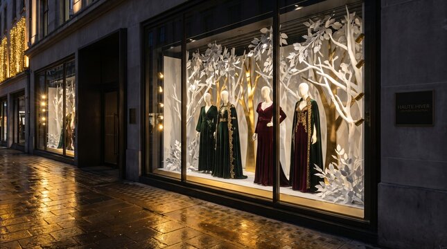 Elegant mannequins wearing velvet evening dresses in luxury boutique window display at night with white decorative trees on wet city street