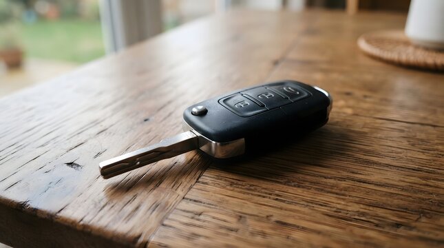 A car key lying on a wooden table, signifying access and ownership for transportation and mobility
