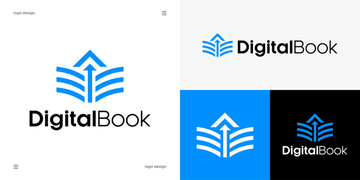 Digital book simple logo design, e-learning, online education, academic growth and digital library concept, Open book shape with upward pointing arrow, vector.