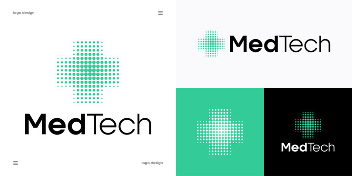 Medical tech simple logo design, healthcare, medical technology, pharmacy and clinical services concept, medical cross shape formed by halftone dot matrix, vector.