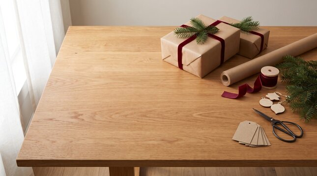 Christmas gift wrapping station on wooden table with brown paper boxes and red velvet ribbon near window with copy space