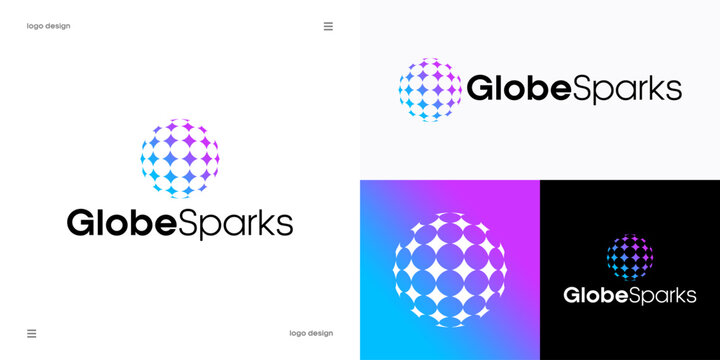 Globe sparks simple logo design, global technology, network connectivity and digital world concept, Sphere globe with glowing sparks and nodes, vector graphic.