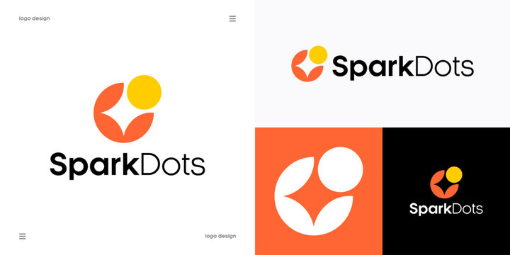 Spark dots simple logo design, creative agency, technology and startup innovation concept, Abstract circular shape with glowing spark and dots icon, vector graphic.