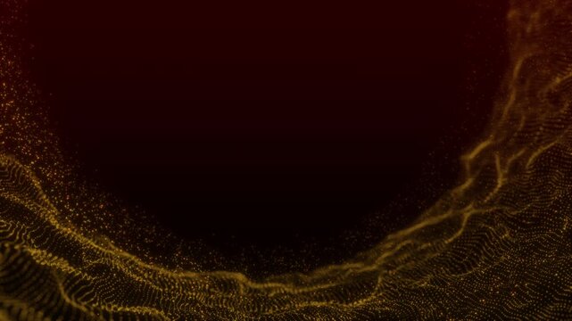 An abstract flowing digital background featuring glowing golden particles and red wave lines in motion. Perfect for technology, design, and multimedia projects, or as a corporate background.