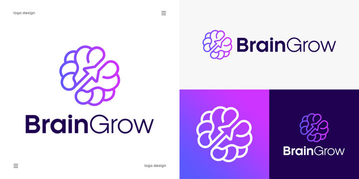 Brain Grow Simple Logo Design, Artificial Intelligence, Education and Mental Growth Concept, Human Brain Shape with Upward Arrow Icon, Vector