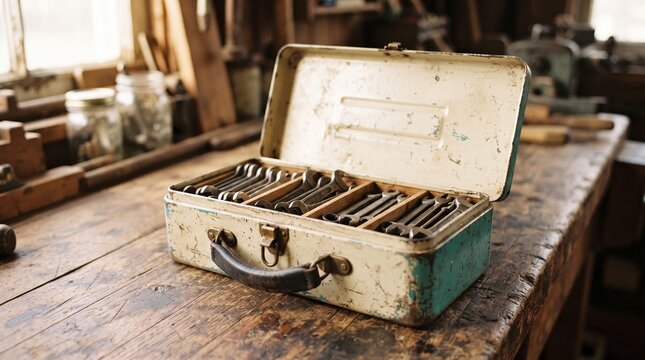 Small antique metal toolbox filled with miniature vintage wrenches, featuring faded turquoise paint, brass hardware and a charming 1940s workshop aesthetic