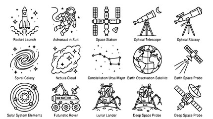 Space Exploration Icons: Astronaut, Rocket, Satellite, Telescope, Rover, Lander © Ceblok