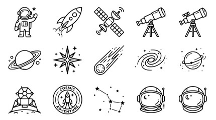Space Icons Set: Astronaut, Rocket, Satellite, Telescope, Planets, Stars © Ceblok