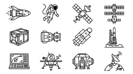 Space Exploration Icons: Rocket, Astronaut, Satellite, Spaceship, Lander © Ceblok