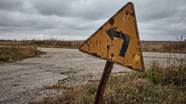 Weathered yellow iron road warning sign at a deserted countryside intersection, with riveted edges, rusted post, cracked asphalt and wild grass.