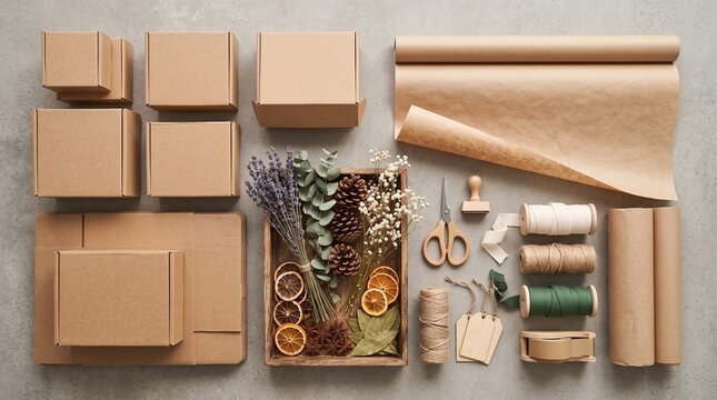 Eco-friendly packaging materials flat lay, brown cardboard boxes with kraft paper and twine, sustainable gift wrapping supplies with dried flowers and citrus on gray background