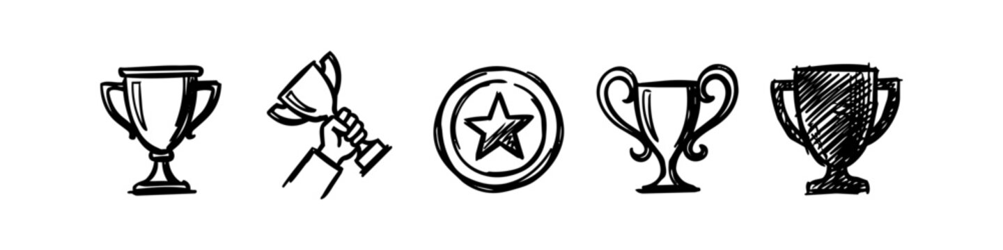 Set of hand-drawn trophy and award icons isolated on a white background. Black doodle sketches of champion cups, winning medal with star, and hand holding victory prize.