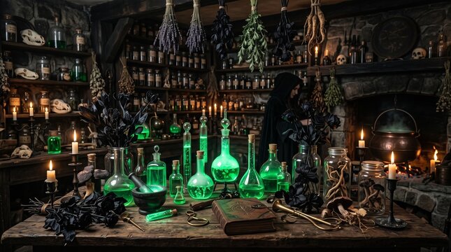 Mystical Alchemist Workshop with Glowing Green Potions, Ancient Apothecary Interior with Herbs and Candles, Dark Fantasy Witch Laboratory for Halloween Concept