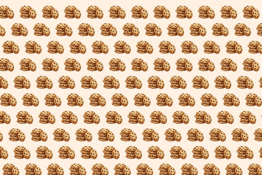 Chocolate chip cookie stacks pattern on a cream background