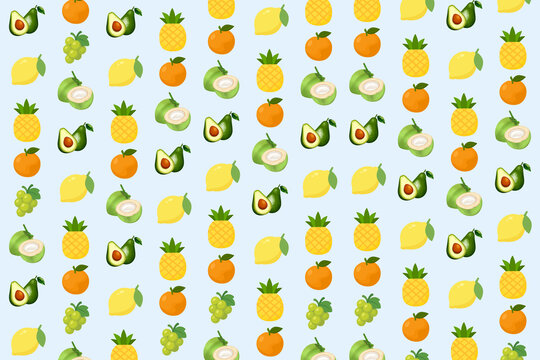 Colorful fruit pattern with pineapple, avocado, coconut and citrus