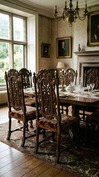 Elegant historic dining room featuring ornate carved wooden chairs and a formal table setting in a classic estate