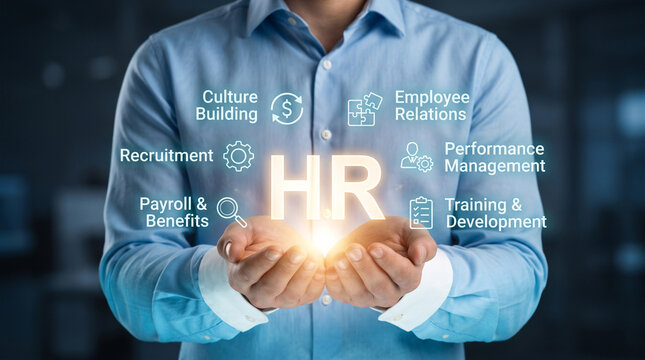 Human resources manager holding digital HR management icons in office