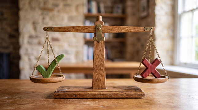 Scales of justice balancing a green checkmark against a red cross, concept of right and wrong choice or decision