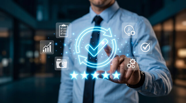Businessman touching quality assurance checkmark icon on digital interface