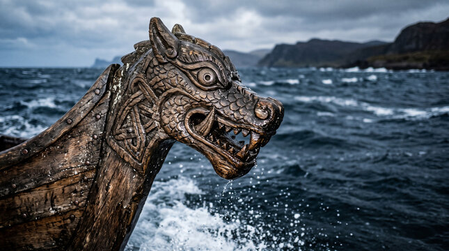 Viking Longship Figurehead: A fearsome wooden wolf head figurehead adorns the prow of a Viking longship, cutting through choppy, dark ocean waters under a dramatic, cloudy sky.