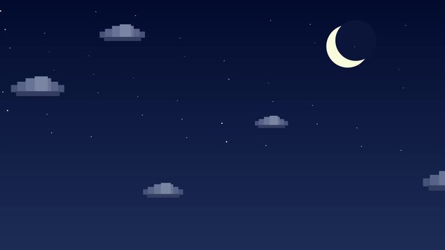 Pixel art night sky animation with moving clouds and moon