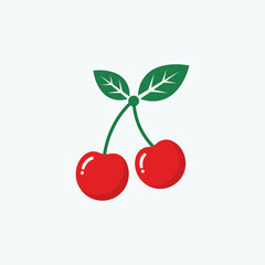 Obraz premium A vector illustration of two ripe red cherries with green leaves on a white background, representing fresh fruit and healthy eating