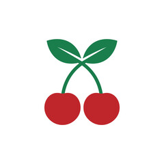 Obraz premium Vibrant and clean vector illustration of a pair of ripe red cherries with fresh green leaves, symbolizing natural sweetness and healthy eating for modern graphic design projects and digital interfaces