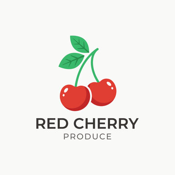 Red cherry produce logo design with two sweet fresh cherries and green leaves for organic fruit market