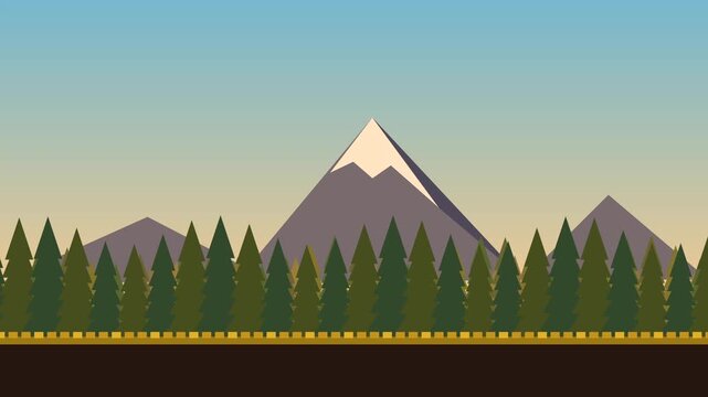 Seamless looping animation of a pine forest and mountains