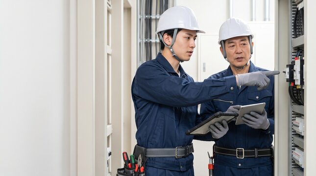 ビル電気設備の設備点検と配線確認を行う電気工事士の作業風景