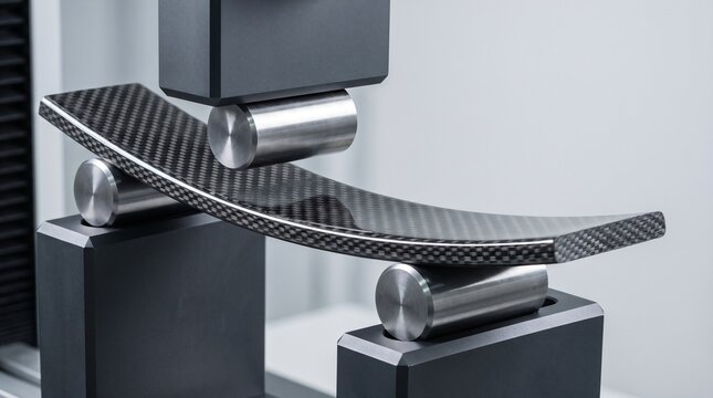 Four point bending test flexural deflection of carbon fiber composite bar in load frame for aerospace materials engineering mechanical testing commercial presentation background banner mockup