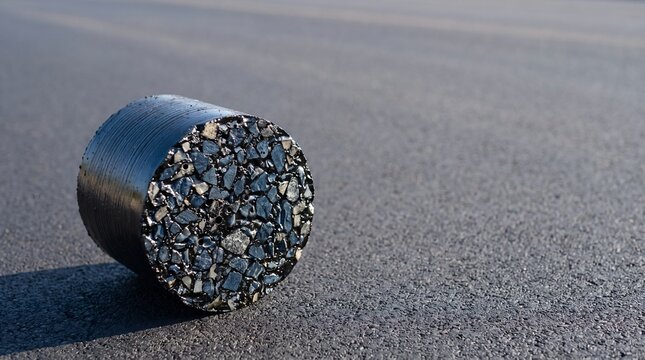 Asphalt pavement diamond drill core cylinder on highway road surface for civil engineering materials compaction quality assurance testing commercial presentation background banner mockup