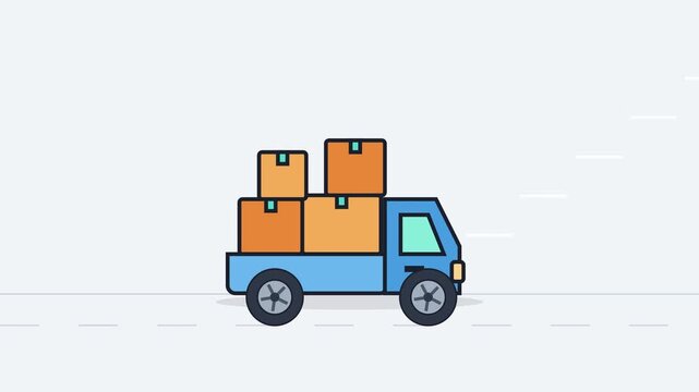 Flat vector animation of a blue delivery truck carrying cardboard boxes on a road.