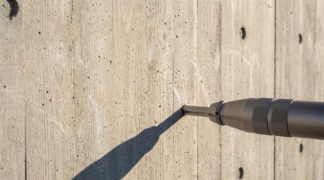 Concrete rebound hammer test plunger on architectural concrete retaining wall for non destructive structural compressive strength evaluation commercial presentation background banner mockup