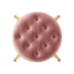 Obraz premium Elegant pink velvet tufted round dressing stool with gold legs seen from a top down view, modern luxury vanity ottoman isolated on a transparent background
