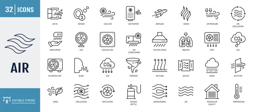Air icon set. Including ventilation, air conditioner, fan, wind, blow, oxygen, breathe, CO2, pollution and more. Vector illustration with editable stroke