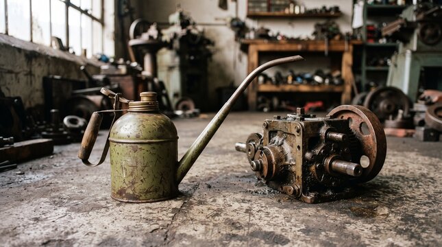 Antique olive-green metal oil can with a long curved spout beside an old gearbox, featuring oxidized steel, oil stains and a muted 1950s workshop mood.