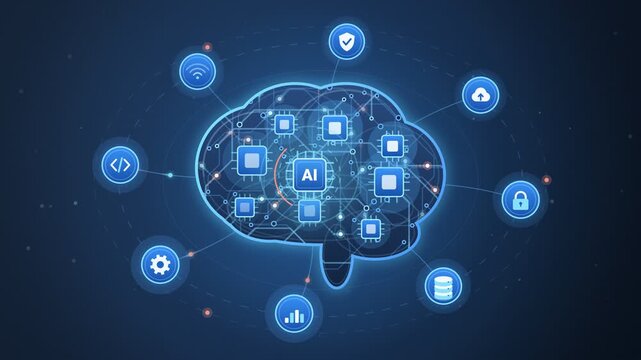 Glowing AI brain with circuit board chips and orbiting cloud, security, wifi, database and code icons, artificial intelligence concept animation, blue technology background, 4K loop