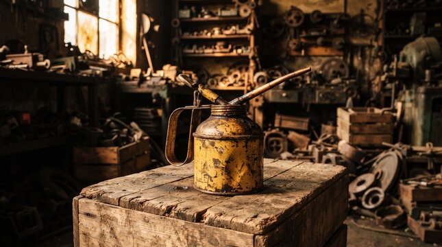 Weathered yellow vintage oil can with a precision spout on a rough wooden crate, featuring dents, peeling paint, oil residue and dramatic industrial textures.