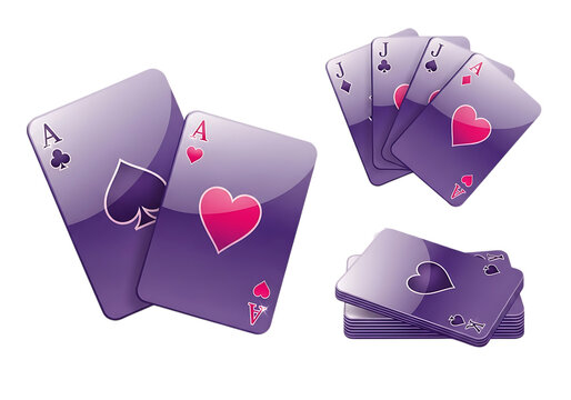 Four playing cards fanned out on a soft pastel background with red accents isolated on transparent background