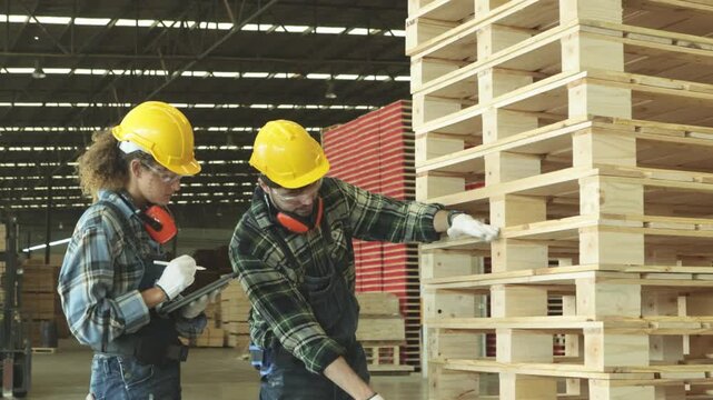 Male and female carpenter team wearing hard hats and safety glasses measure red painted pallet lumber tape measure the organized stacking handling these materials industrial facility classification.