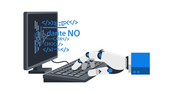 AI Robot Hand Typing on Keyboard with Computer Monitor Displaying Code, Vector Illustration for Automation and Machine Learning Concept