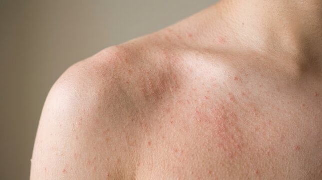 肩から胸元にかけて広がる赤い湿疹と皮膚のかぶれ症状
