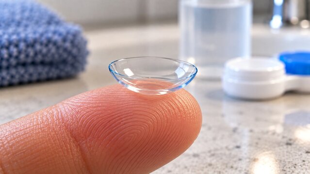 Extreme macro of clean transparent soft contact lens correctly positioned bowl-side up on tip of clean index finger immediately before insertion
