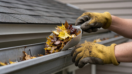 Gloved hands clearing autumn leaves from residential rain gutter © 1379 Holdings